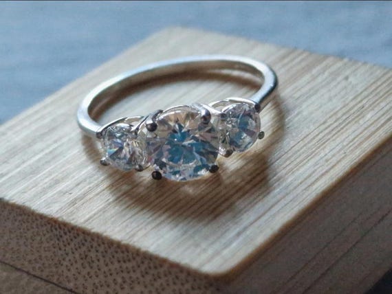 Solid 925 Sterling Silver Three-Stone Cubic Zirco… - image 1