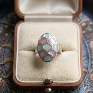 Vintage Sterling Silber Ring - Meerjungfrau-Skala - Rosa Grüner Perlmutt-Mosaik