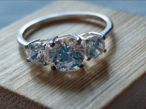Solid 925 Sterling Silver Three-Stone Cubic Zirco… - image 2