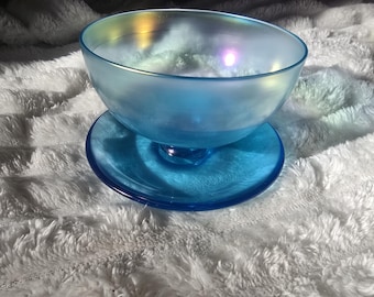 Steuben Blue Aurene Finger Bowl | Iridescent Rainbow Lustre Art Glass