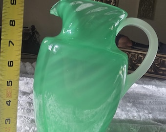 Steuben Green Jade Pitcher, Alabaster Handle, Frederick Carder Art Glass (Shape 7218)