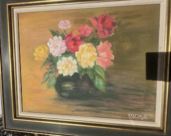 M.I. Doyle Original Oil Painting Roses Peonies Floral Still Life Mid-Century American Framed