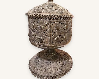 18th-19th STERLING Antique Ottoman Silver Filigree Lidded Censer on Stand | Hand-Wrought Sterling | Balkan Greek Turkish Ethnographic Silver