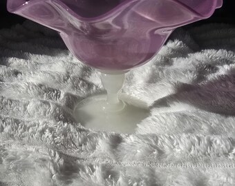 Steuben Rosaline Jade Glass Compote, Ruffled Rim Pedestal Bowl, Alabaster Stem