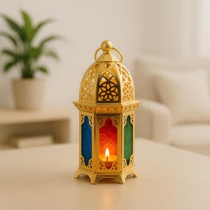Mini Moroccan Lantern – Multicolored Glass & Gold Metal Candle Holder | Boho Decor, Table Centerpiece, Wedding Favor, Cozy celebration…