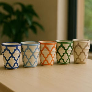 Puede incluir: Cinco tazas de cerámica con base crema y un patrón geométrico repetitivo en azul, celeste, naranja, verde y marrón. Cada taza tiene un borde de diferente color. Las tazas están dispuestas en fila sobre una superficie de madera clara.