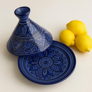 Handmade Moroccan Ceramic Tagine – Deep Blue Decorative Cookware – Traditional North African Pottery