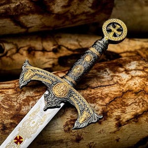 May include: An ornate sword with a gold and silver hilt and cross-shaped pommel rests on a wooden surface. The blade features intricate gold designs and a red cross emblem. The sword's handle is detailed with circular medallions.