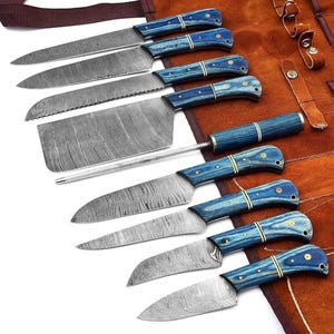 Juego de 9 cuchillos de chef de acero de Damasco, hechos a mano y personalizados. Regalo de aniversario para esposa, el mejor regalo para madre.