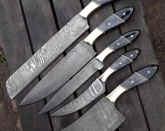 Handmade Damascus Chef Knife Set, Personalized Kitchen Knives, Gift for Mother
