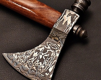 Handmade Damascus Steel Tomahawk Axe: Rosewood Handle, Leather Sheath