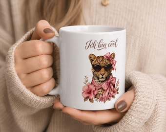 Leopard Coffee Mug, Ich bin cool, White Ceramic Cup, Cute Leopard Mug, Pink Bow Gift, Funny German Quote