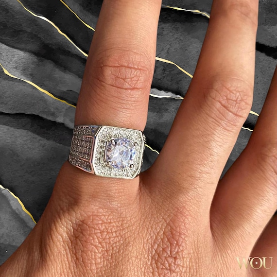 Anillo de sello de diamantes en oro blanco Anillo para hombre