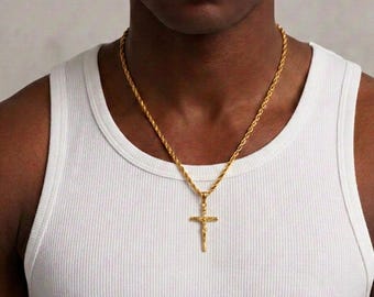 18K Gold Cross Pendant Necklace for Men, Waterproof Christian Cross Chain, Religious Mens Jewelry, Gift for Him