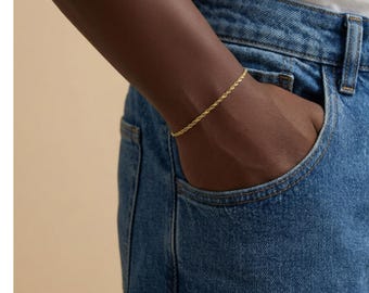 18K Gold Rope Bracelet Men, 2.5mm Thin Gold Chain Bracelets for Men, Waterproof Stainless Steel Twisted Link Wrist Band Jewelry Gift Him