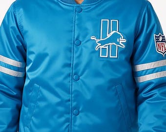Detroit Lions Varsity Jacket – NFL Vintage 80s Sky Blue Satin Letterman Style – Bomber Jacket