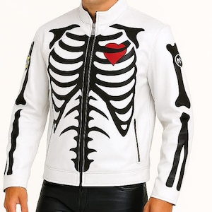 Men’s Real Leather Skeleton Jacket – Gothic Biker Style with Bold Anatomical Detailing | Cosplay Costume | Halloween lovers Slim Fit Jacket