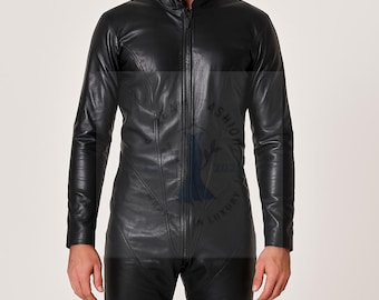 Handgemaakte zwarte leren catsuit voor heren | Jumpsuit voor het hele lichaam