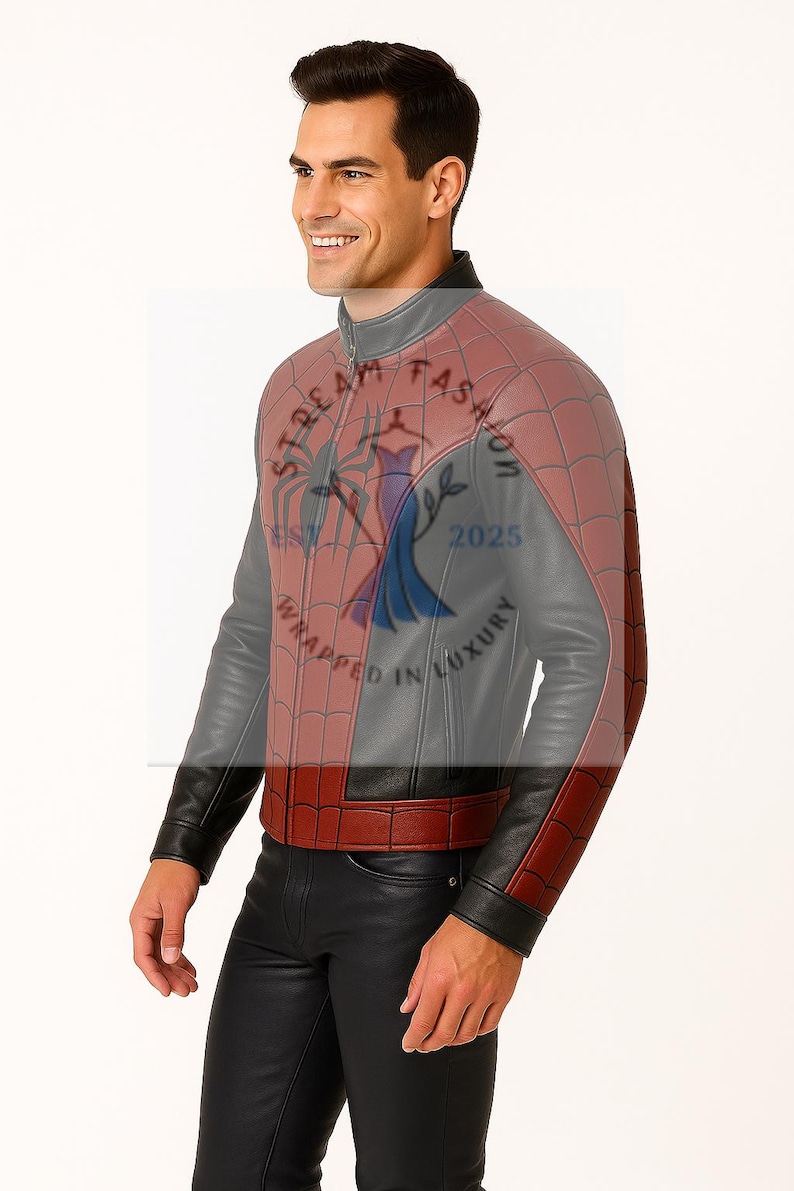 Op de afbeelding: Een rode, grijze en zwarte leren jas met een Spider-Man-ontwerp. De jas heeft een ritssluiting en een opstaande kraag. De tekst "STREAM FASHION WRAPPED IN LUXURY 2025" is zichtbaar op de jas.