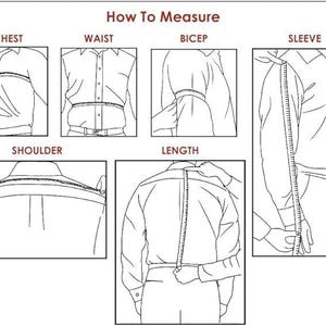 Op de afbeelding: Diagram met uitleg over het meten van borst, taille, biceps, mouw, schouder en lengte. De tekst "How To Measure" staat bovenaan. Elke meting wordt getoond met een persoon in een overhemd en een meetlint.