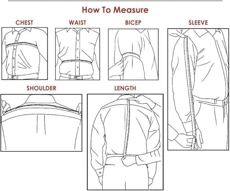 Op de afbeelding: Diagram met uitleg over het meten van borst, taille, biceps, mouw, schouder en lengte. De tekst "How To Measure" staat bovenaan. Elke meting wordt getoond met een persoon in een overhemd en een meetlint.