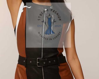 Handgemaakte schapenleer romper met kleurvlakken – playsuit met ceintuur