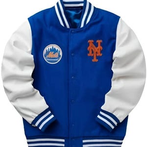 May include: A blue and white varsity jacket featuring the New York Mets logo. The jacket has a blue body with white sleeves and a button-up front. The Mets logo is embroidered on the chest.