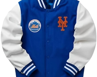 Men&#39;s Chicago Vintage Baseball Game NY Varsity Blue Wool & White PU Leather Jacket