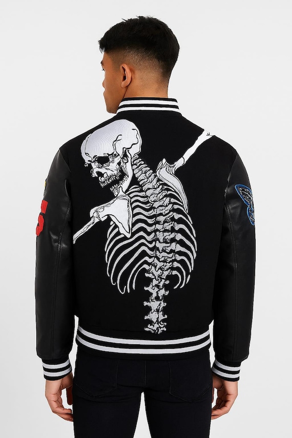 Godspeed Varsity Jacket – Black Wool Bomber With Skeleton