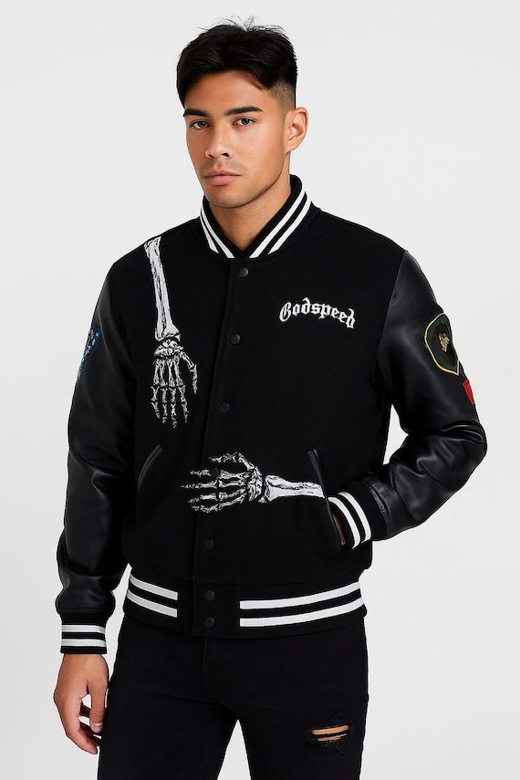 Godspeed Varsity Jacket – Black Wool Bomber With Skeleton