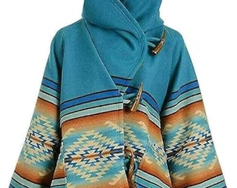 Women Yellowstone KELLY Reilly BETH DUTTON Geometric Blue Hooded Wool blend Coat Fleece Blend Coat