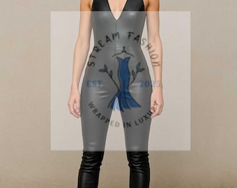 Handmade Genuine Leather Catsuit: Fitted Black Catsuit with Deep V Neck