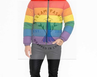 Handgemaakt Rainbow Pride-pufferjack: uniseks gewatteerde winterjas