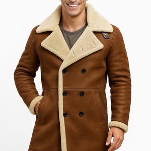 Men&#39;s Brown Leather Shearling Coat: Winter Aviator Jacket