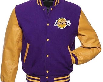 Handgemaakte Lakers-wollen varsityjack heren, gele mouwen van PU-leer