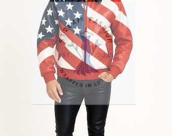 Giacca bomber in vera pelle con bandiera USA: abbigliamento da motociclista patriottico - realizzata a mano in stile 4 luglio