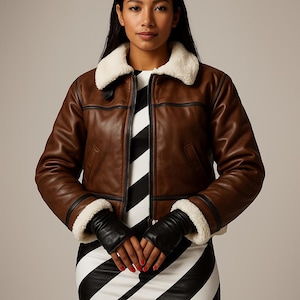 Women Aviator RAF Bomber Fur Shearling Sheepskin Real Leather Jacket