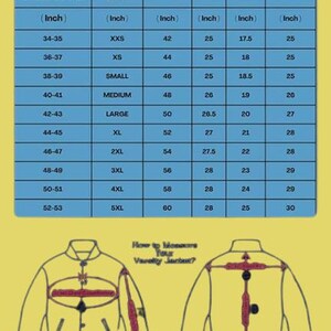 Op de afbeelding: Een gele tabel met de titel "MEN SIZE CHART" met jasmaten in inches. De tabel bevat borst-, mouw-, schouder- en lengtematen, samen met maten van XXS tot 5XL. Diagrammen illustreren hoe je een jas meet.