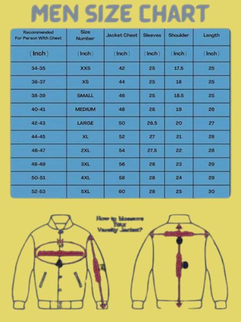Op de afbeelding: Een gele tabel met de titel "MEN SIZE CHART" met jasmaten in inches. De tabel bevat borst-, mouw-, schouder- en lengtematen, samen met maten van XXS tot 5XL. Diagrammen illustreren hoe je een jas meet.