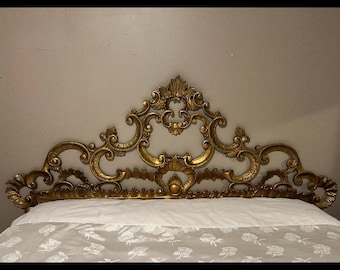 Antique Hollywood Regency Gold Cast Iron Queen Bed Headboard