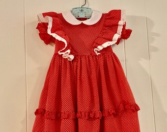 GIrls maxi dress, 1970's, Made in USA, dotted Swiss, red and white polka dots