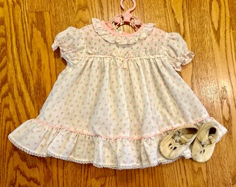 Vintage baby dress, rosebud print, ruffles, pink and white