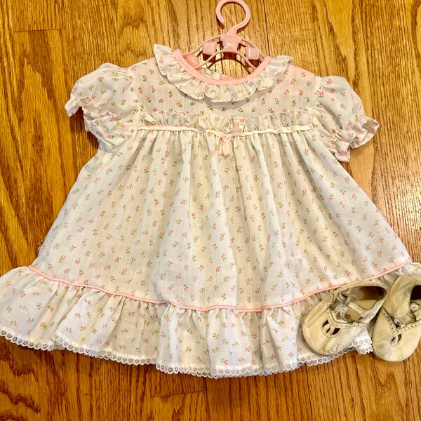 Vintage baby dress, rosebud print, ruffles, pink and white