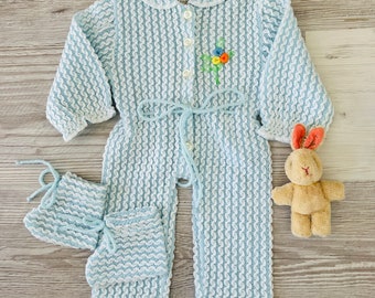 Vintage knit baby romper, acrylic, unisex, Made in Korea