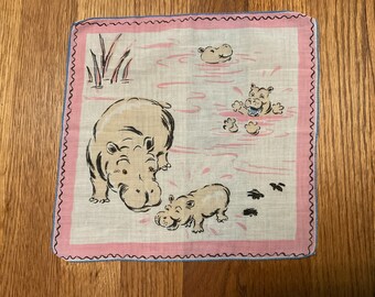 Child's hanky, vintage, pink, hippos, novelty handkerchief