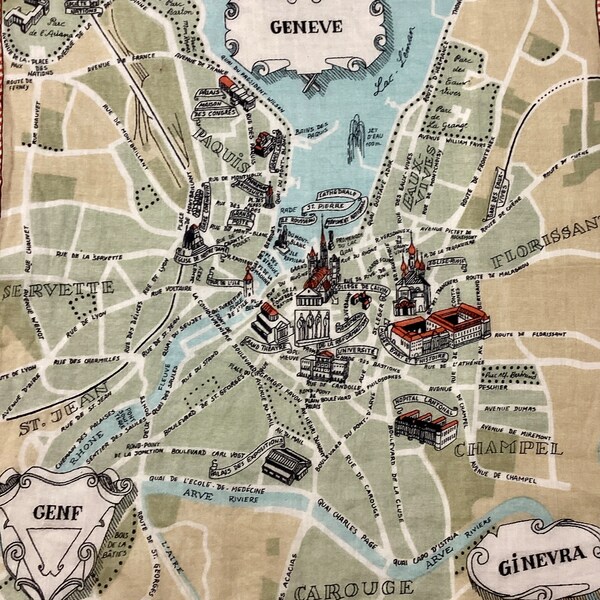 Vintage hanky, map of Geneva, French, souvenir