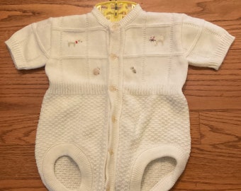 Vintage acrylic knit baby suit, Italy, embroidered, yellow, unisex baby gift