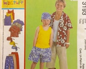 Little boy shirt and shorts pattern, UNCUT, Hawaiian shirt, head wrap, pull on pants/ shorts, XS - S