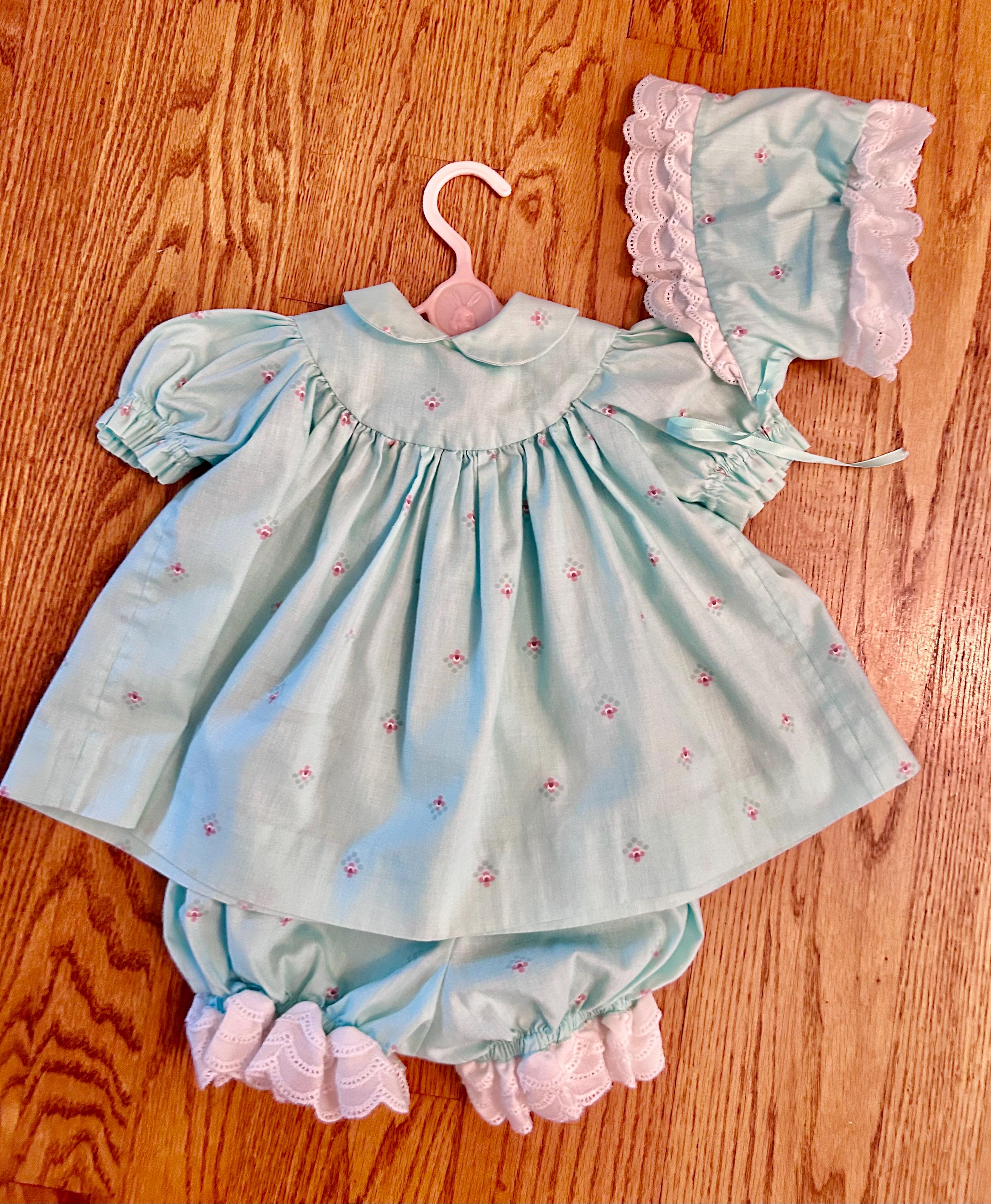 Vintage baby dress set, includes bloomers and bonnet, handmade, aqua and pink
