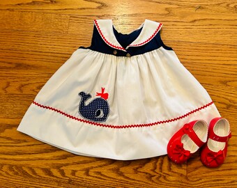Vintage baby dress, summer, nautical, baby whale, 9 - 12 months